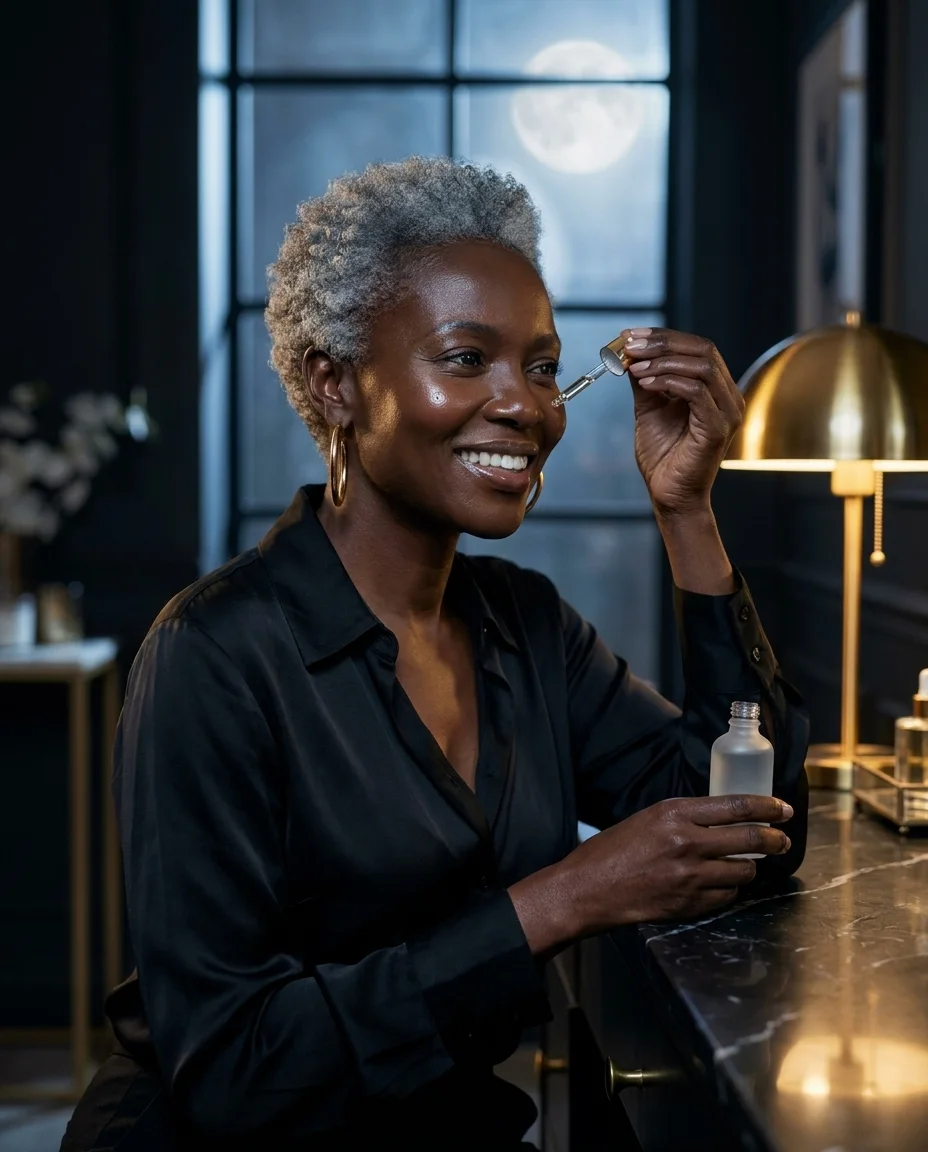 Applying face oil under moonlight