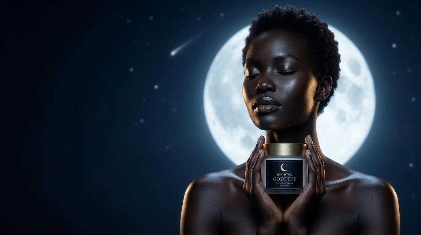 A woman with luminous dark skin holds a jar of Moon Goddess Midnight Cream under a full moon