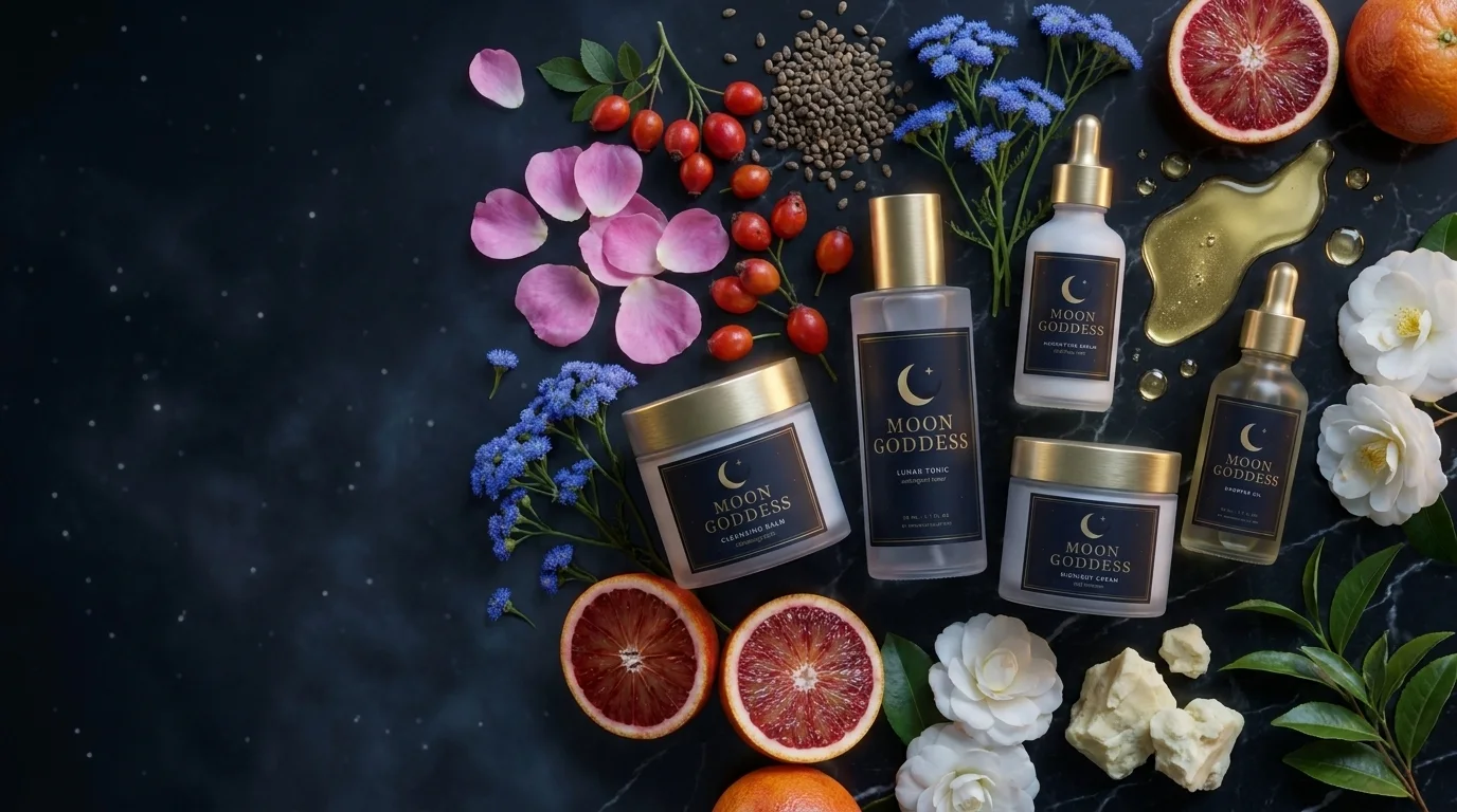 Moon Goddess bottles surrounded by rose petals, rosehips, citrus and botanicals