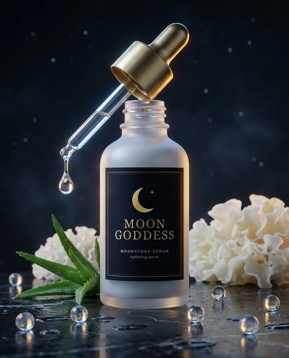 Moonstone Serum with a suspended drop and water spheres
