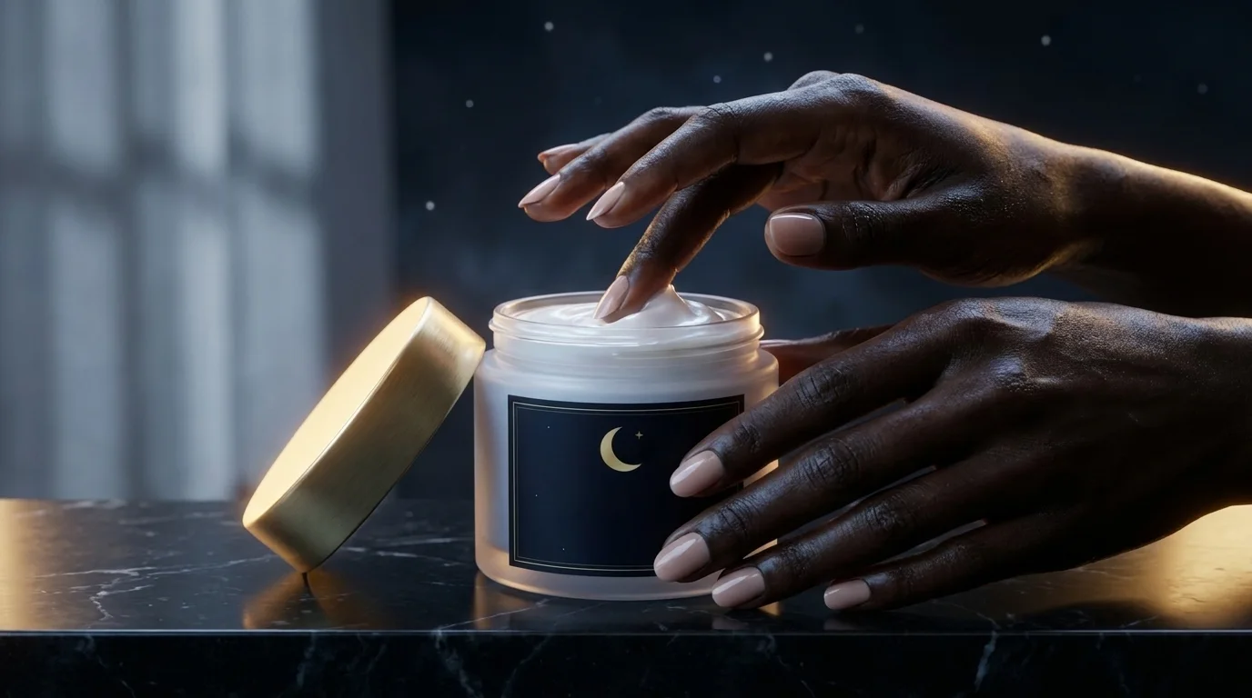Fingertip dipping into an open jar of Midnight Cream