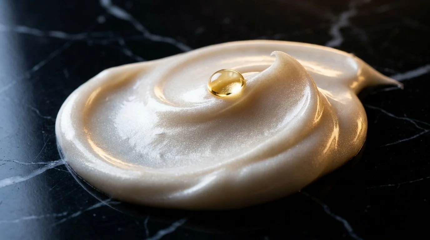 Macro of pearlescent cream with a drop of golden oil